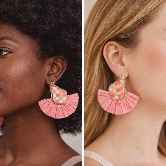 Tell Your Tale Jewelry - Peach and Gold Patterned Wood Raffia Tassel Earrings